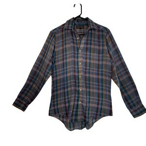 Peter England Vintage Plaid Shirt Blue Green Brown Single Needle Korea